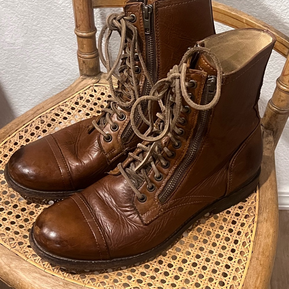 Frye Tyler Brown Leather Double Zip Lace-Up Boots with Brogue Detailing